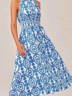 Ador Halter Fitted Maxi Dress NWT Size Large Blue White Nautical Coastal Resort